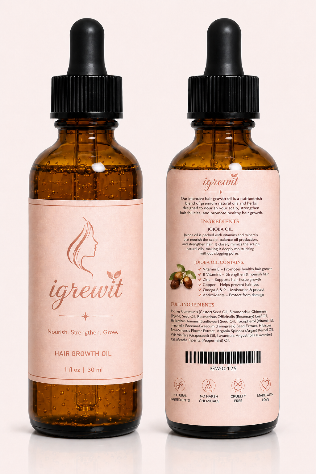 iGrewiT Hair Growth Oil bottles — front and back